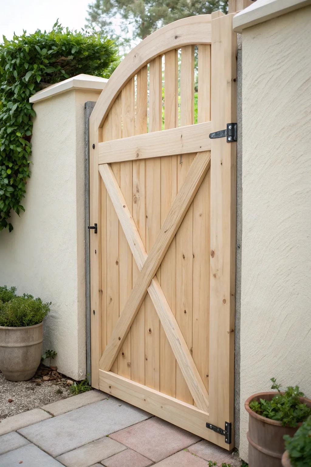 A slim arched garden gate—lightweight, sturdy, and beautifully simple with a diagonal brace.
