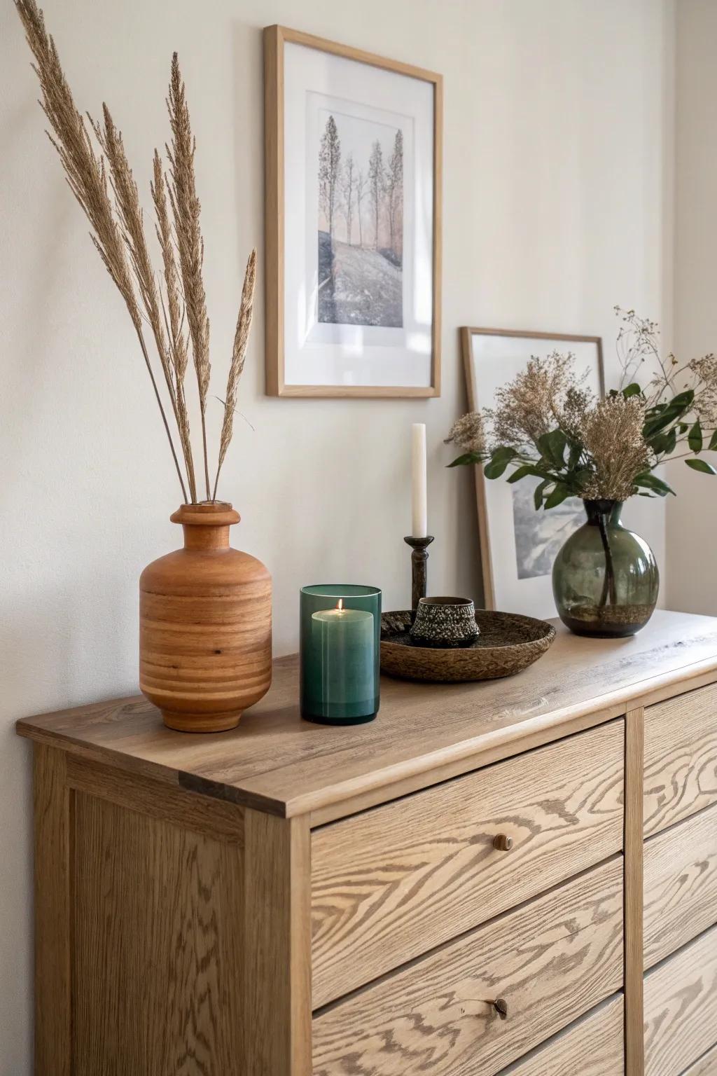 Rule of three on a wood dresser: tall vase, mid art, small candle—effortless styling.