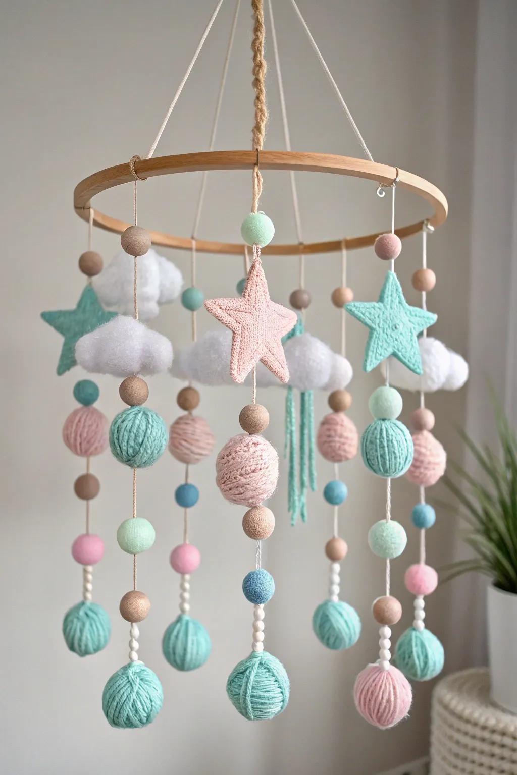 Elevate your nursery with this charming yarn and felt mobile, where simplicity meets artistry.