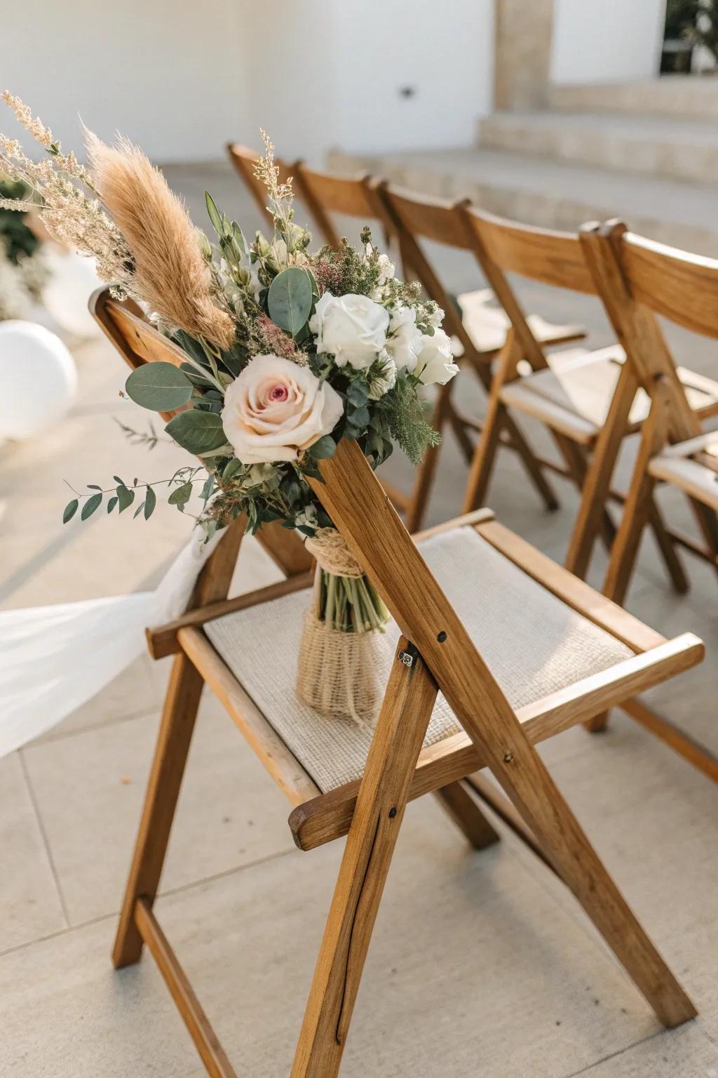 Turn end folding chairs into aisle markers with a lush floral bundle and simple linen tie.