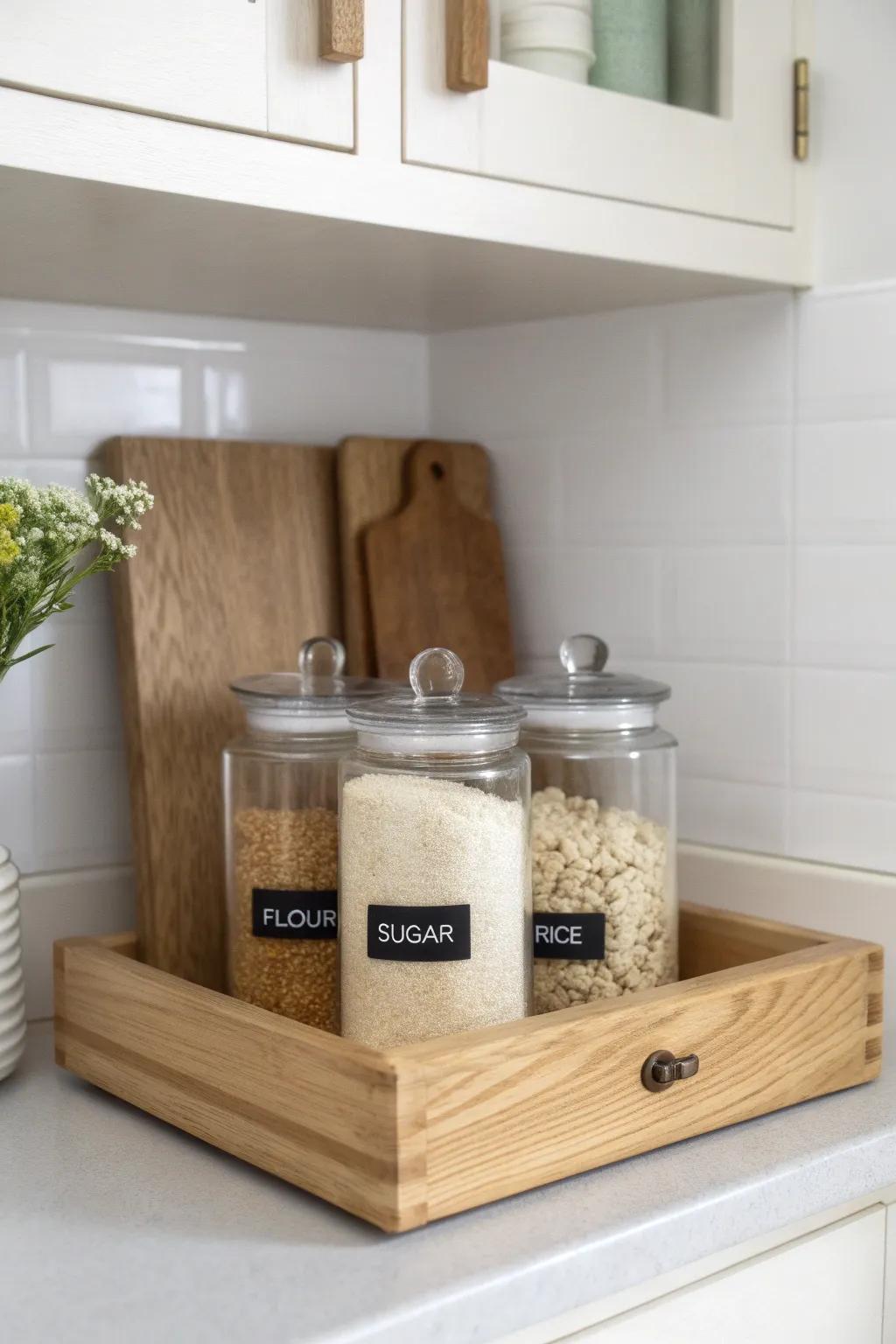 Decant only the awkward stuff: a pull-out bin makes deep pantry shelves feel effortless.