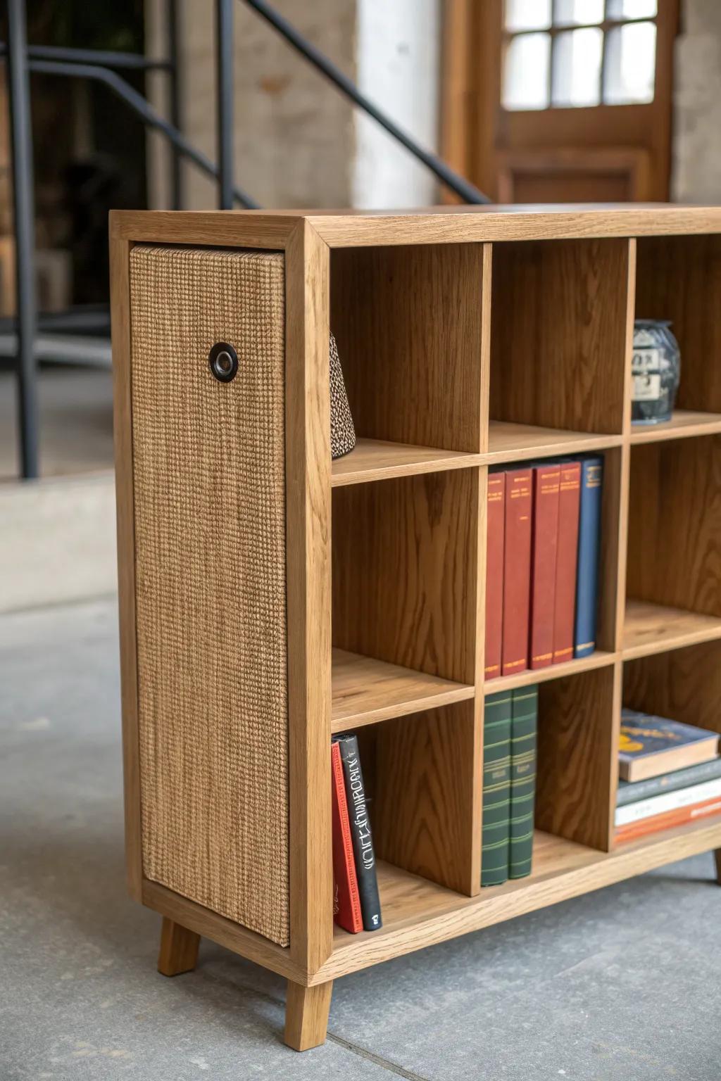 Modular cubby grid shelving: mix vertical + horizontal book stacks for fast, tidy storage.
