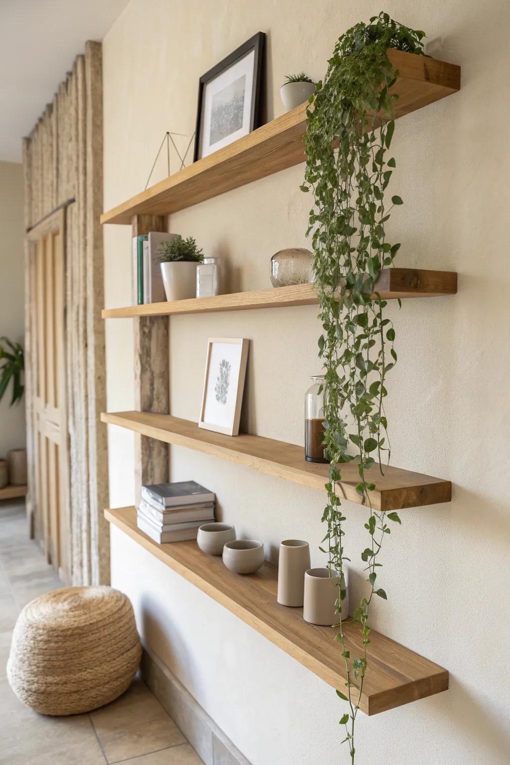 Staggered oak shelves create an airy gallery row—perfect for books, ceramics, and a trailing plant.