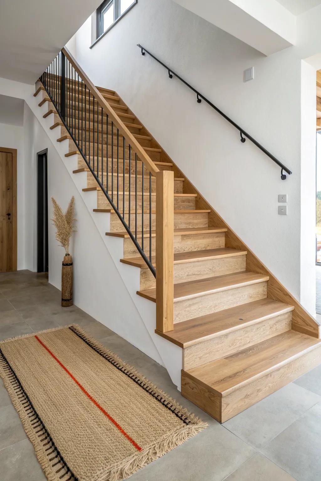 Swap the spiral for a compact straight-run stair—clean lines, warm oak, effortless flow.