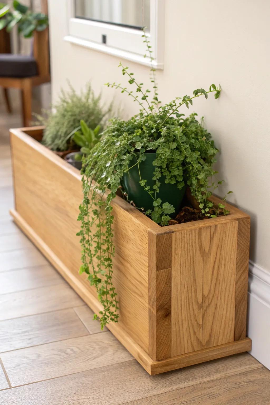A slim oak plant box that keeps keys and mail tidy—while greenery steals the spotlight.