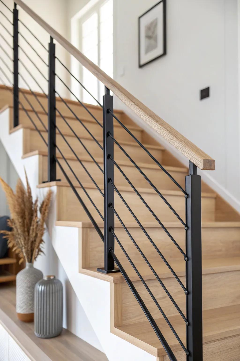 Slim black rod railing on warm oak treads—clean, modern lines with handcrafted elegance.