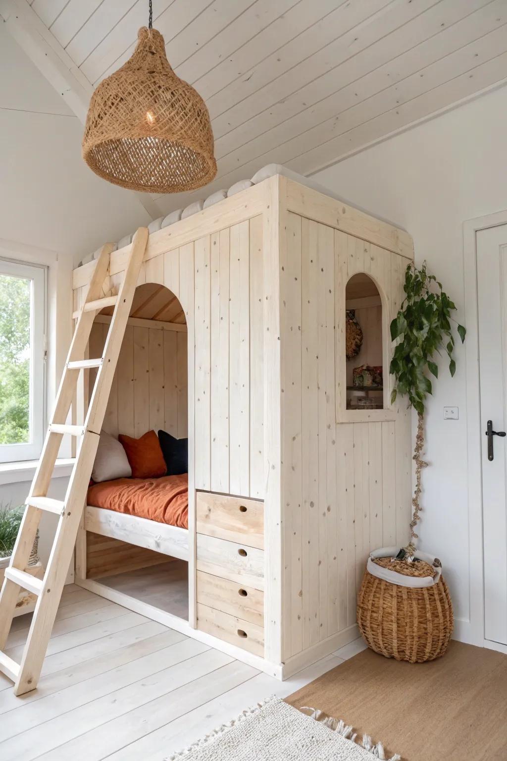 Snug corner treehouse alcove in birch plywood—minimal, boho-soft, and beautifully bold.