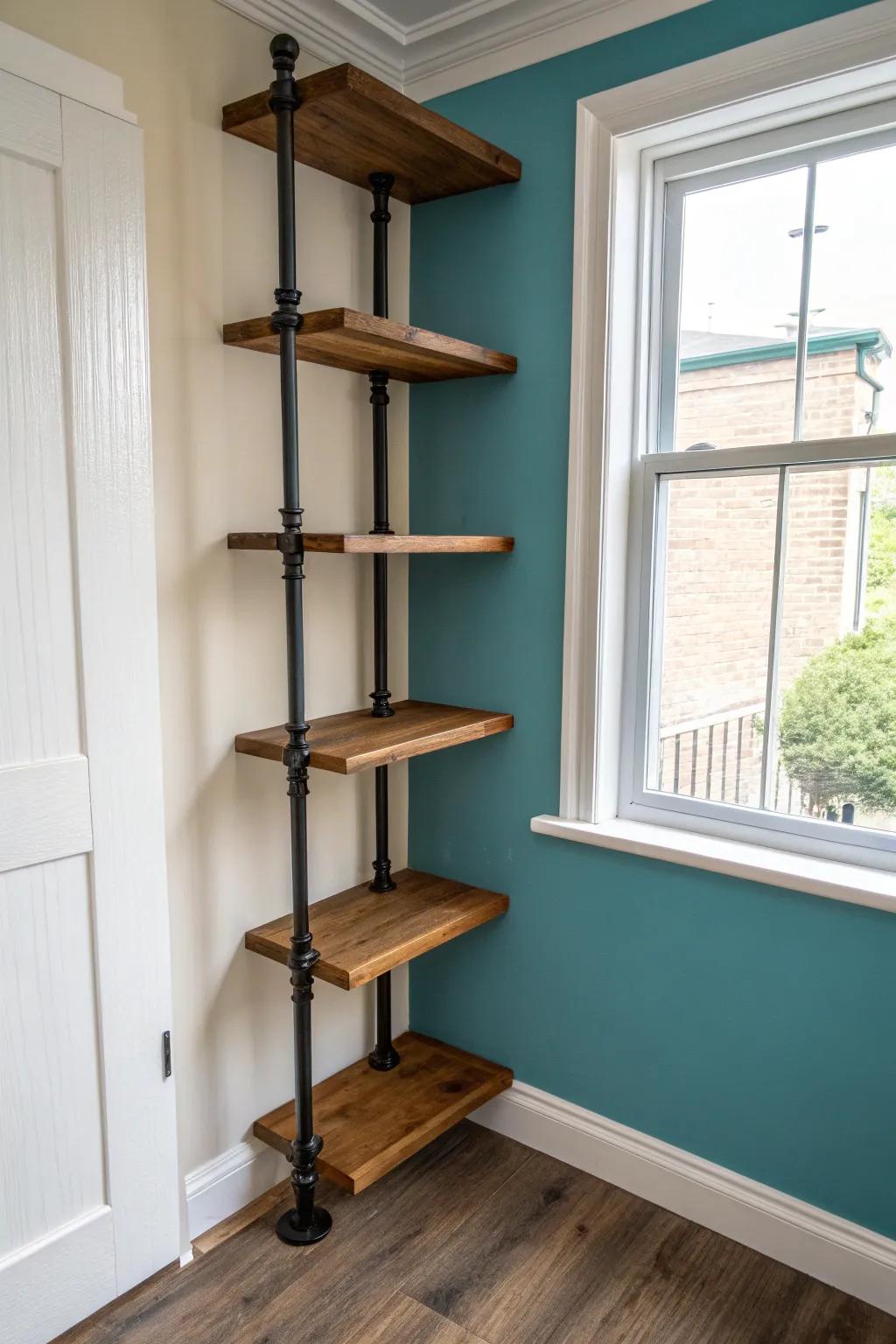 Turn an empty corner into a bold display with black pipe brackets and warm wood shelves.