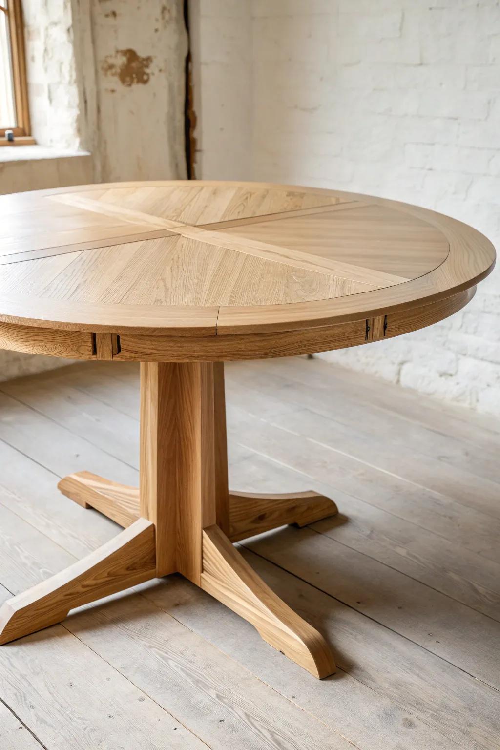 Expandable round oak table with fan leaves—small everyday footprint, big dinner-party magic.
