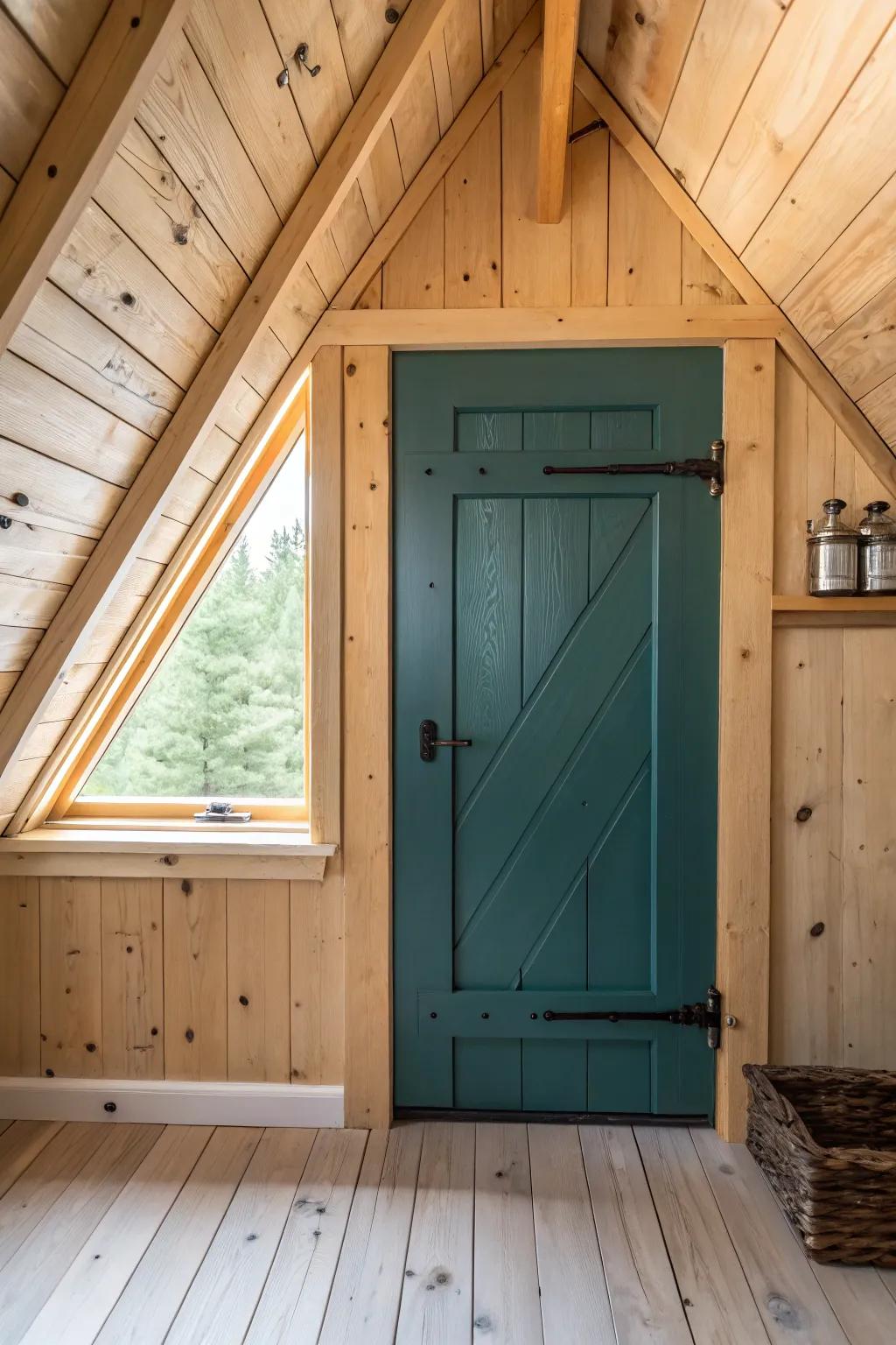 Secret attic hideout: a teal crawl-in door nestled in knotty wood beneath a sloped ceiling.