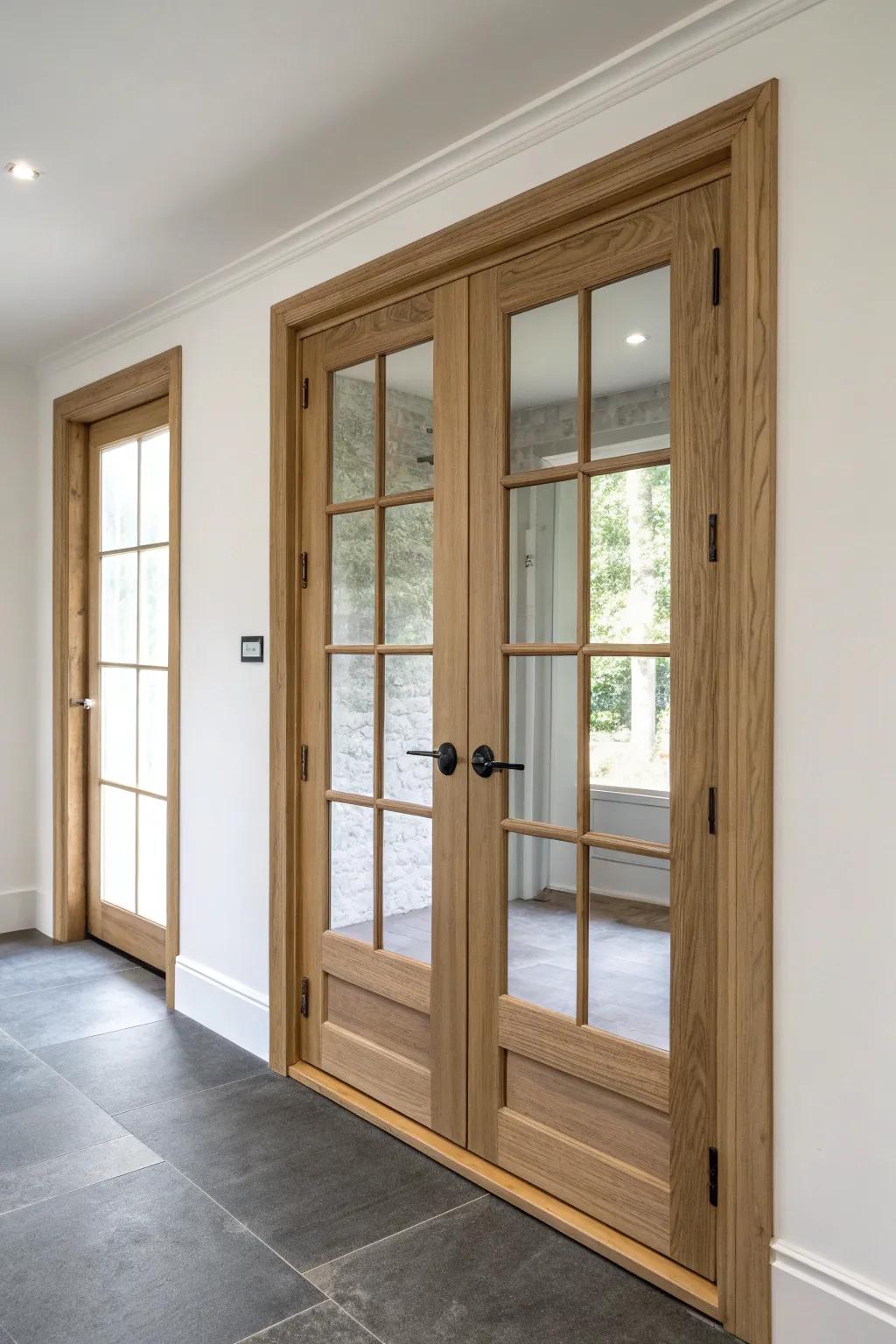 Full-light French doors in light oak—bright, airy basement style with Scandinavian calm.