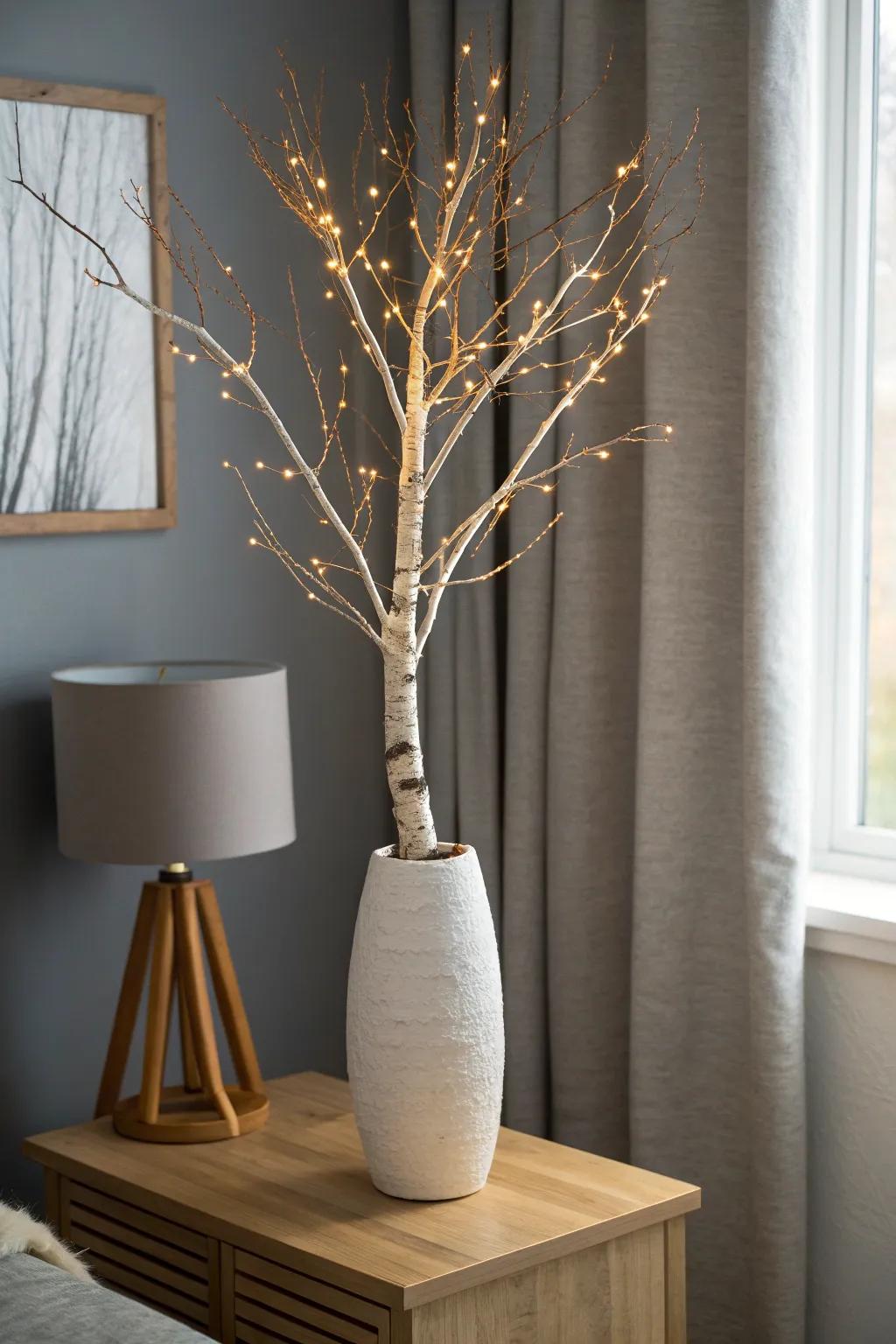 A glowing birch branch wrapped in string lights for cozy, minimalist Scandinavian evenings.