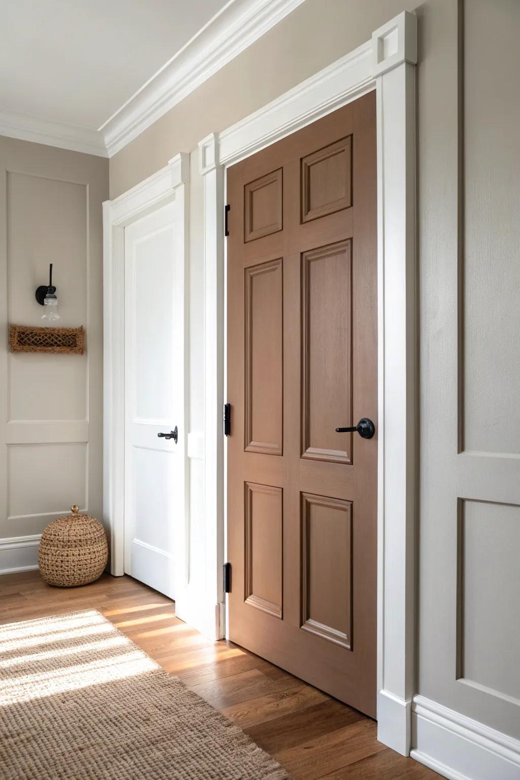 Warm taupe doors paired with creamy trim for a cozy, elevated contrast that highlights the panels.