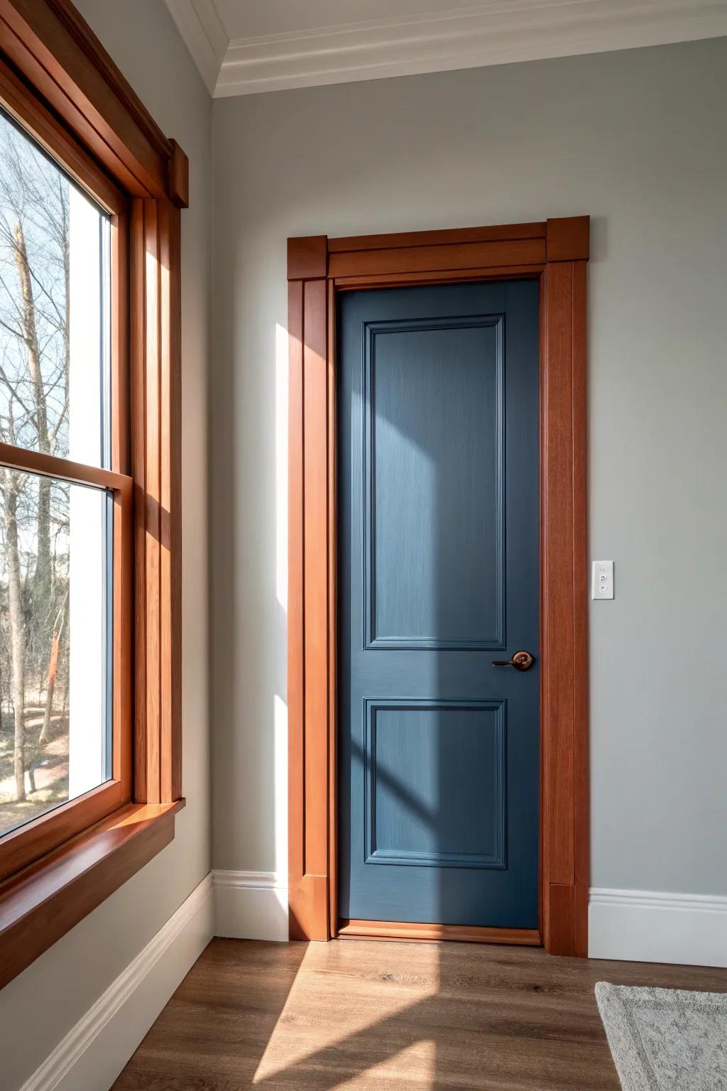 Picture-frame trim molding turns a plain interior door into custom millwork with bold contrast.
