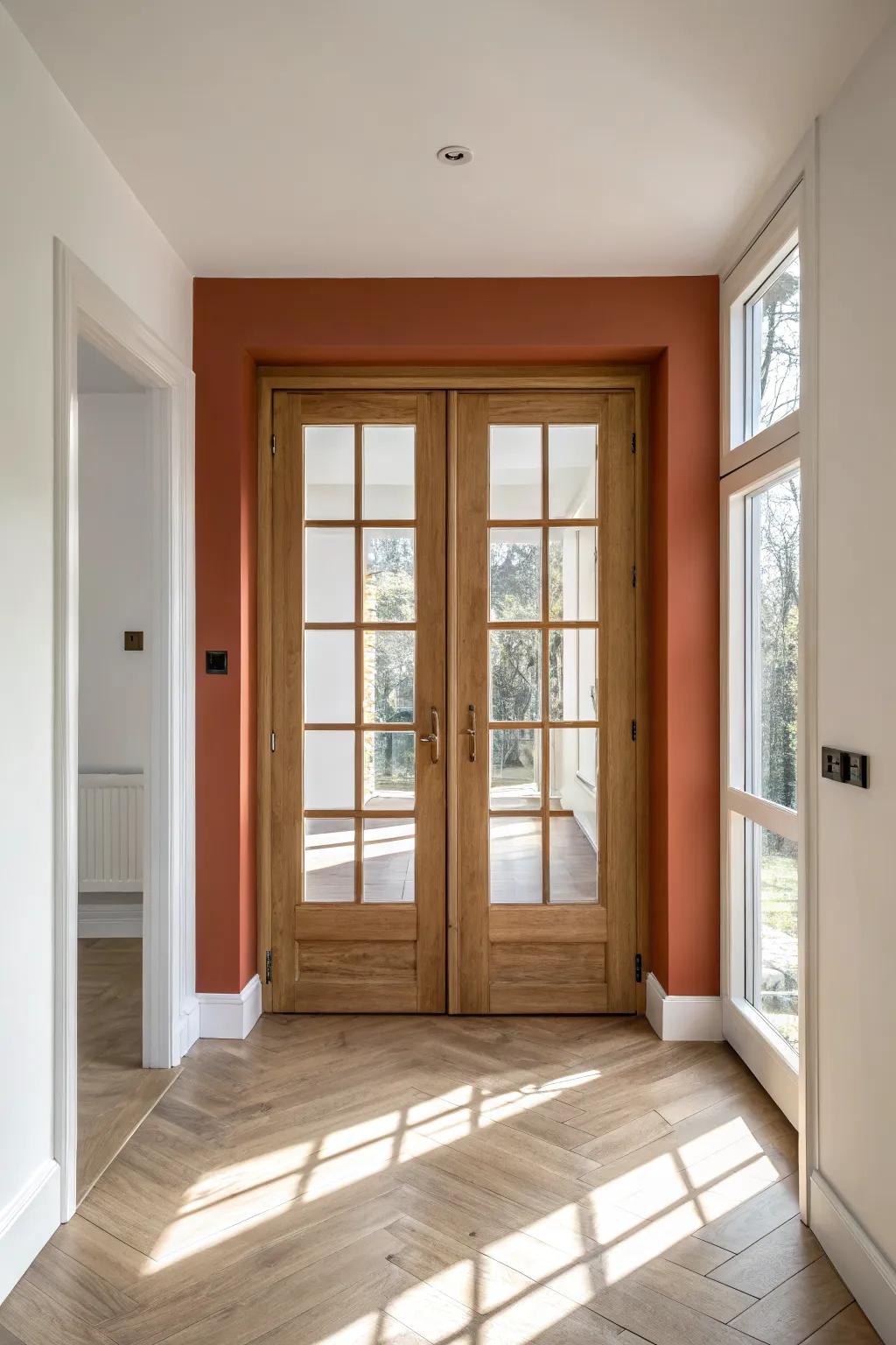 Make your hallway feel intentional with warm oak French doors that draw you forward.