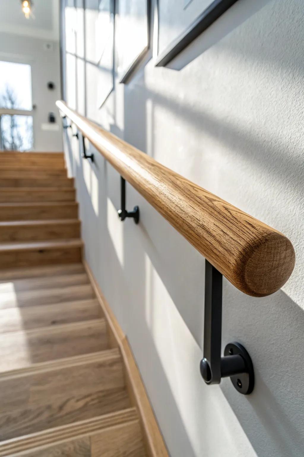 Warm matte oak handrail on a crisp white wall—calm Scandinavian style with bold contrast.