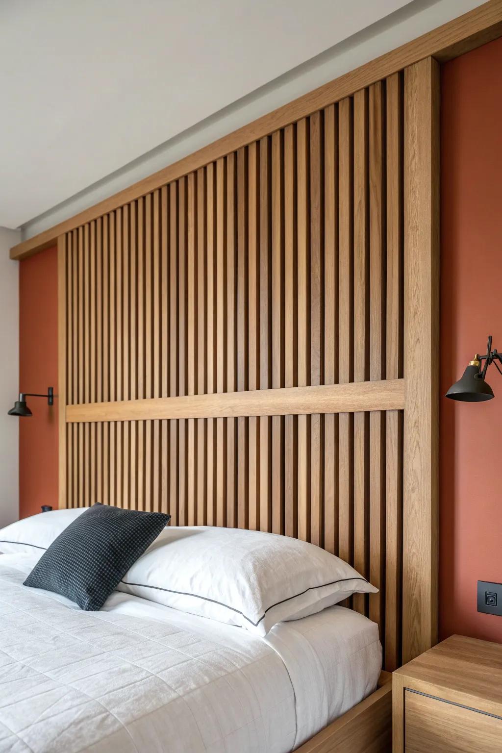 Warm oak slat headboard with charcoal felt backing—quiet, custom, and beautifully minimal.