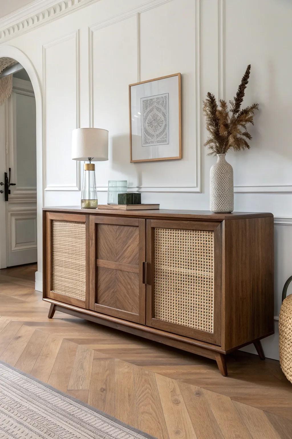 Warm whites and sand tones, grounded by one dark walnut sideboard—pure Japandi balance.