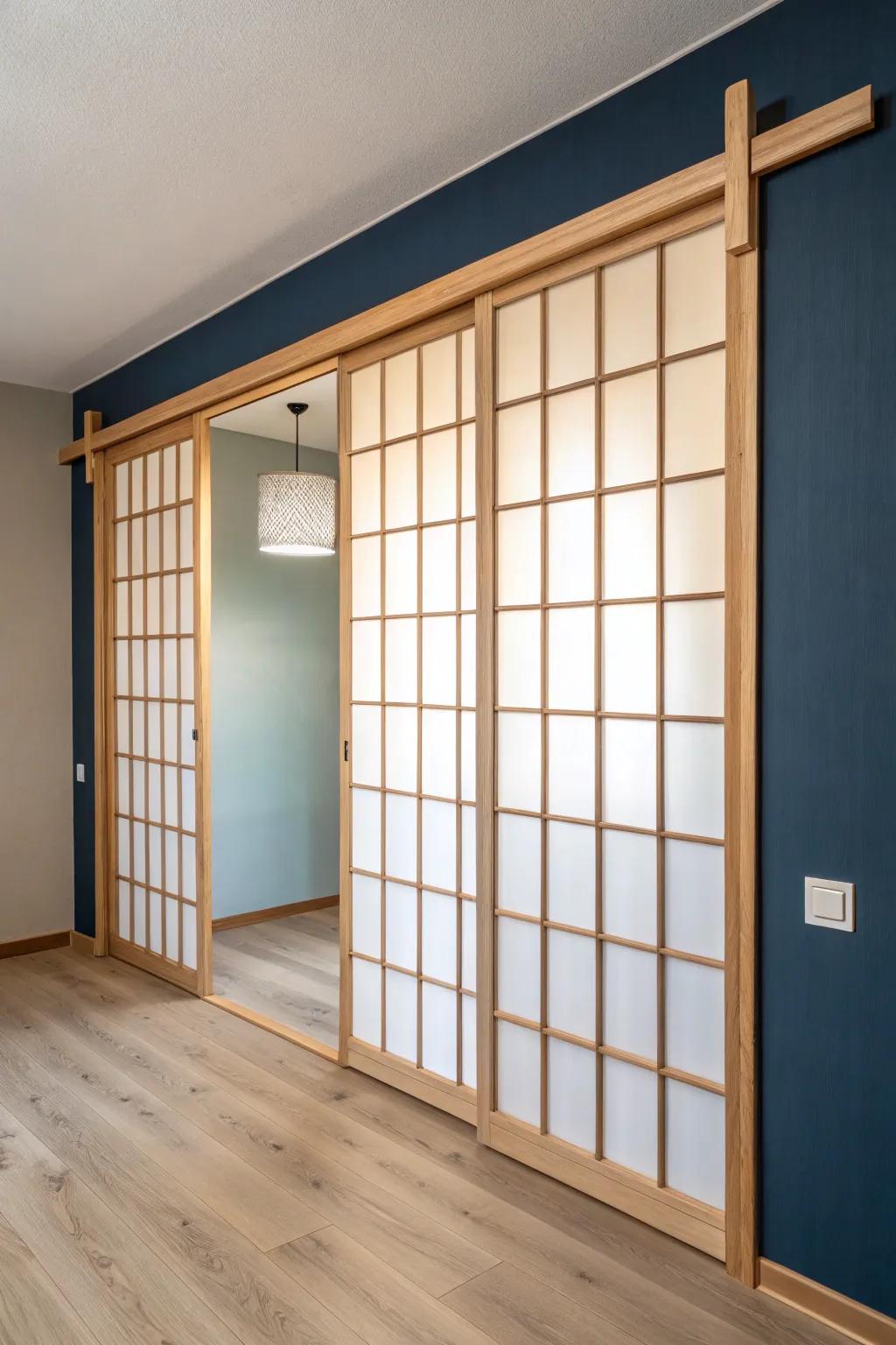 Shoji-style sliding panels: airy privacy, warm glow, and modern Japanese calm in one move.