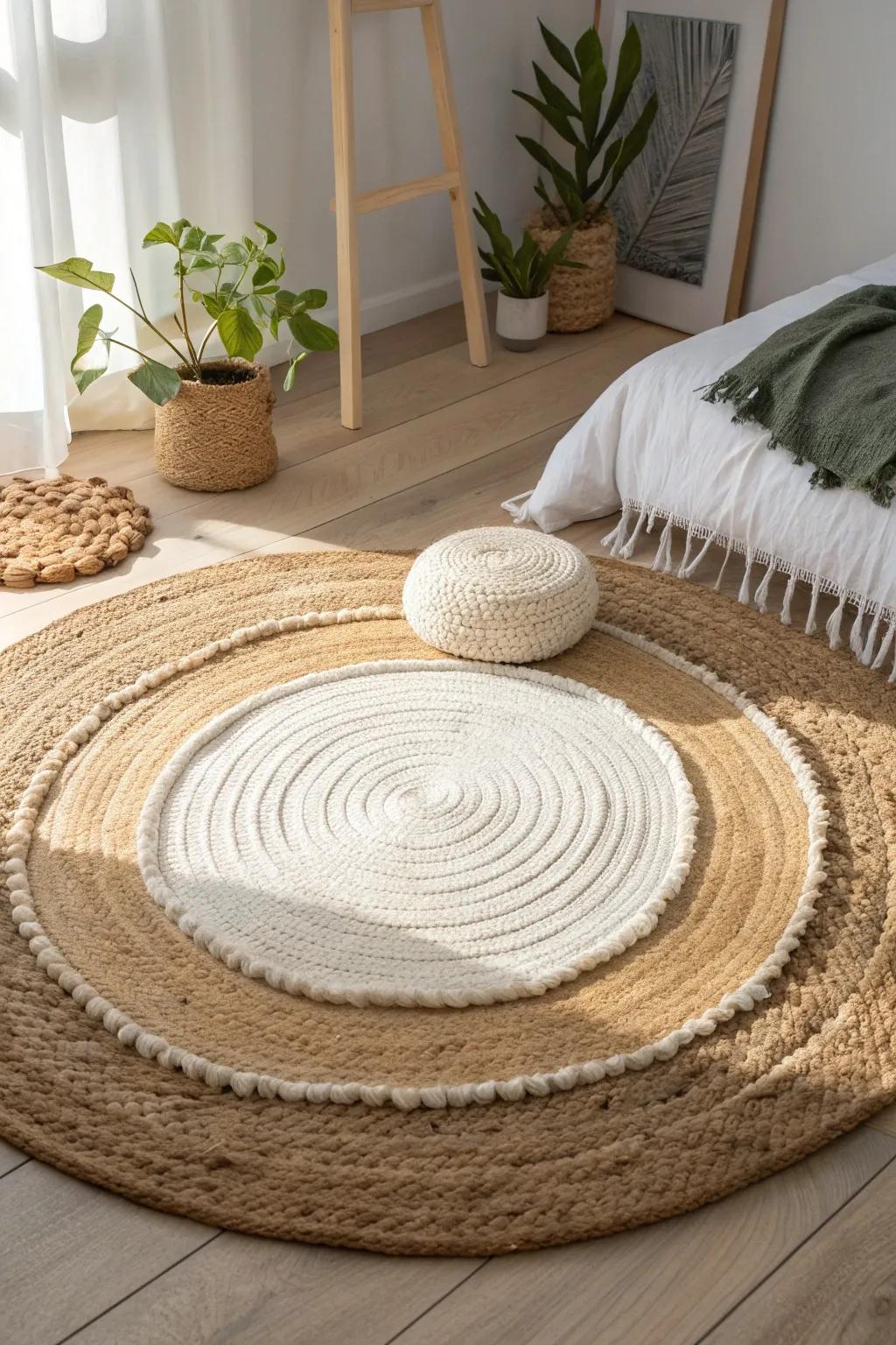 Layer a plush wool rug over jute for cozy feet and rich texture in a calm bedroom.
