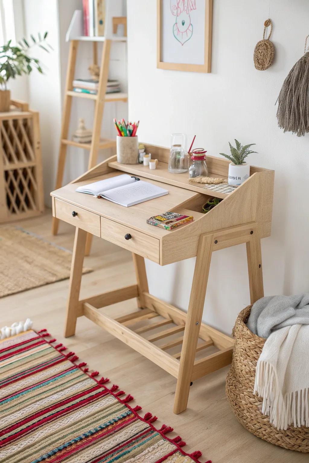 Inspire creativity with this dual-purpose study table, merging Scandinavian simplicity and Boho flair.