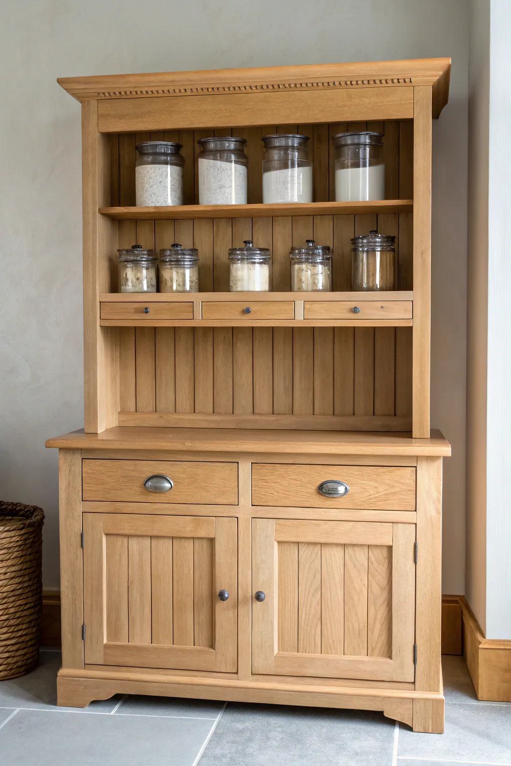 Hutch-style built-in baking station: beadboard charm, hidden storage, and a warm oak workspace.