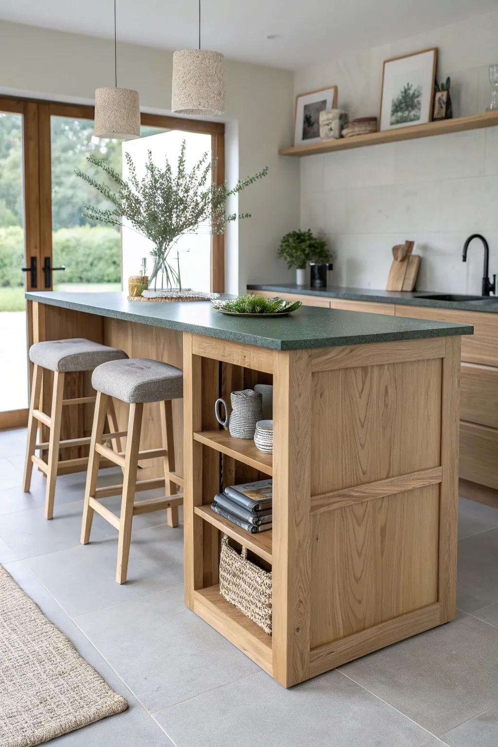 Storage-first bar island: deep oak drawers with a clean legroom side and bold green top.