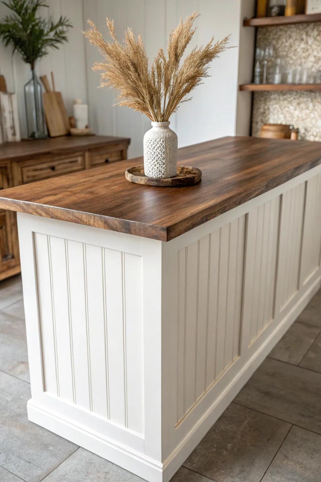 Warm walnut bar top on a crisp white base—simple contrast that invites everyone to sit.
