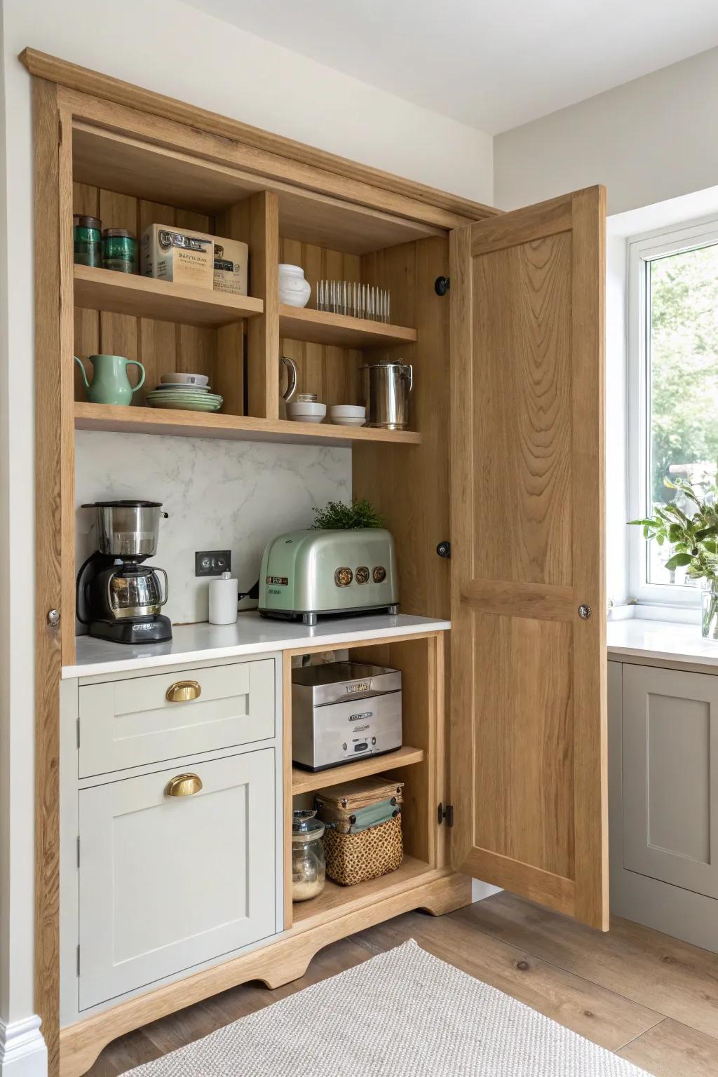 A sleek oak appliance garage with pocket doors—hide clutter fast while keeping tools plugged in.