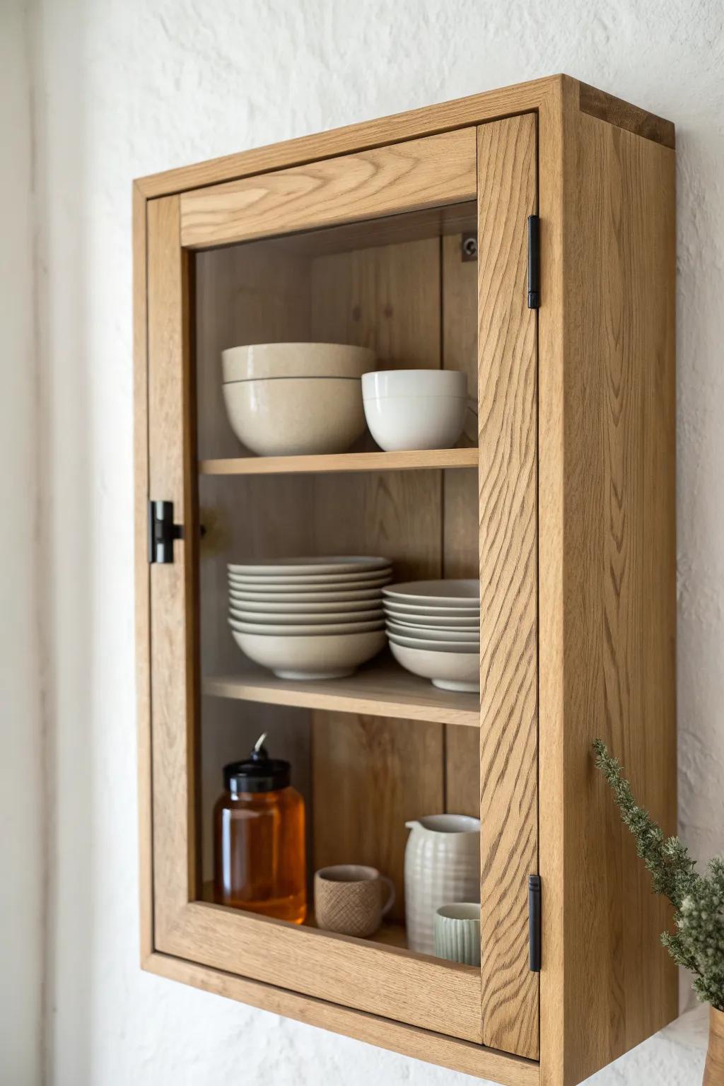 Glass-front upper cabinet: airy depth for small kitchens, styled with matching dishes for calm order.
