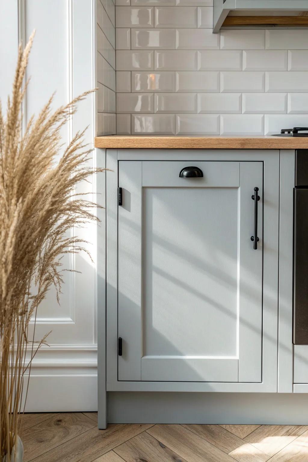 Light gray cabinets with white subway tile and matte black pulls—clean, airy, polished.