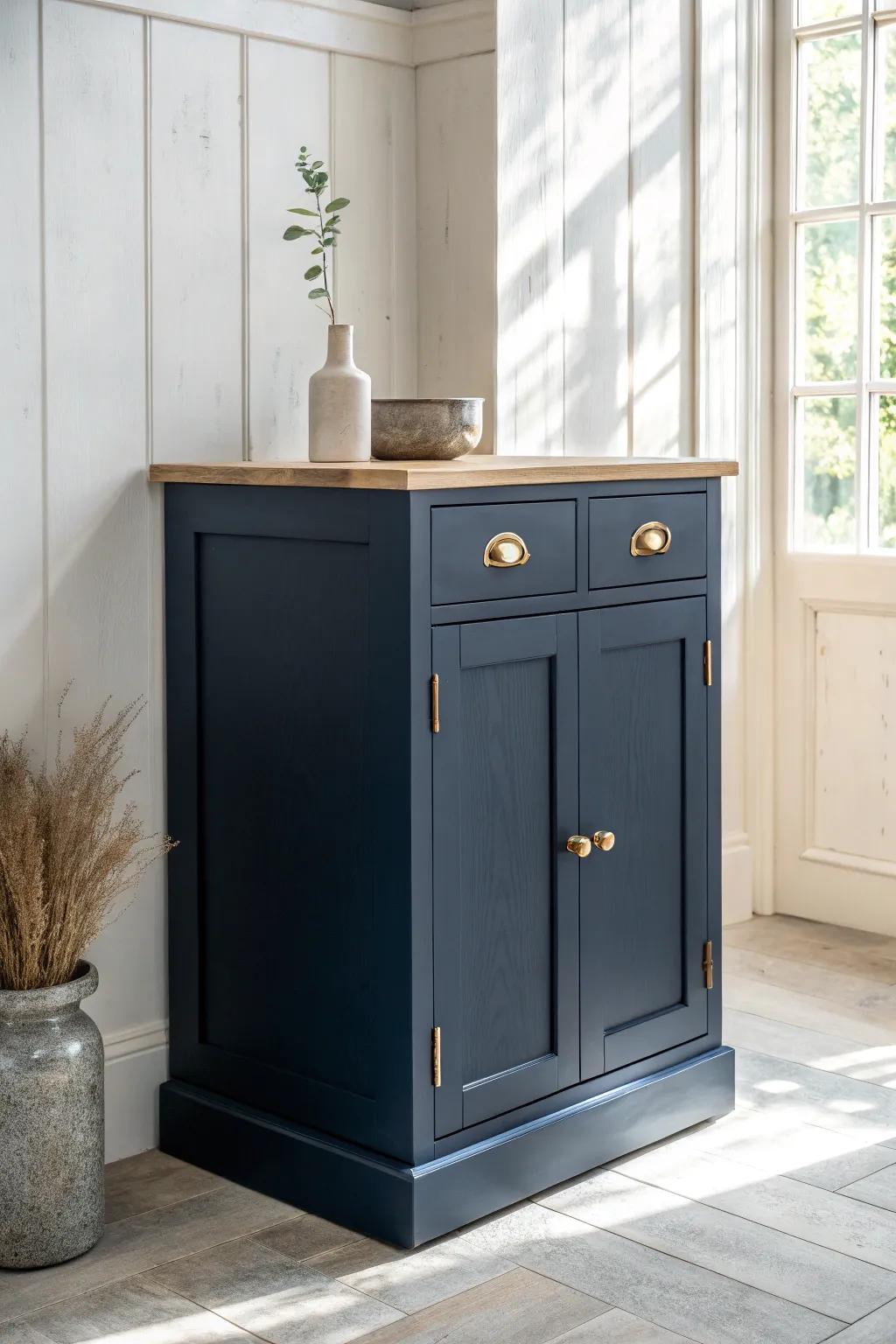 Classic navy lower cabinets with light wood warmth—an instant custom, designer anchor.