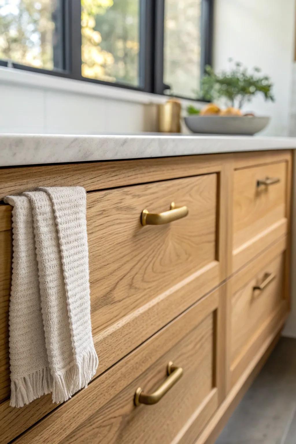 Classic cup pull on a lower drawer—farmhouse charm with clean Scandinavian simplicity.