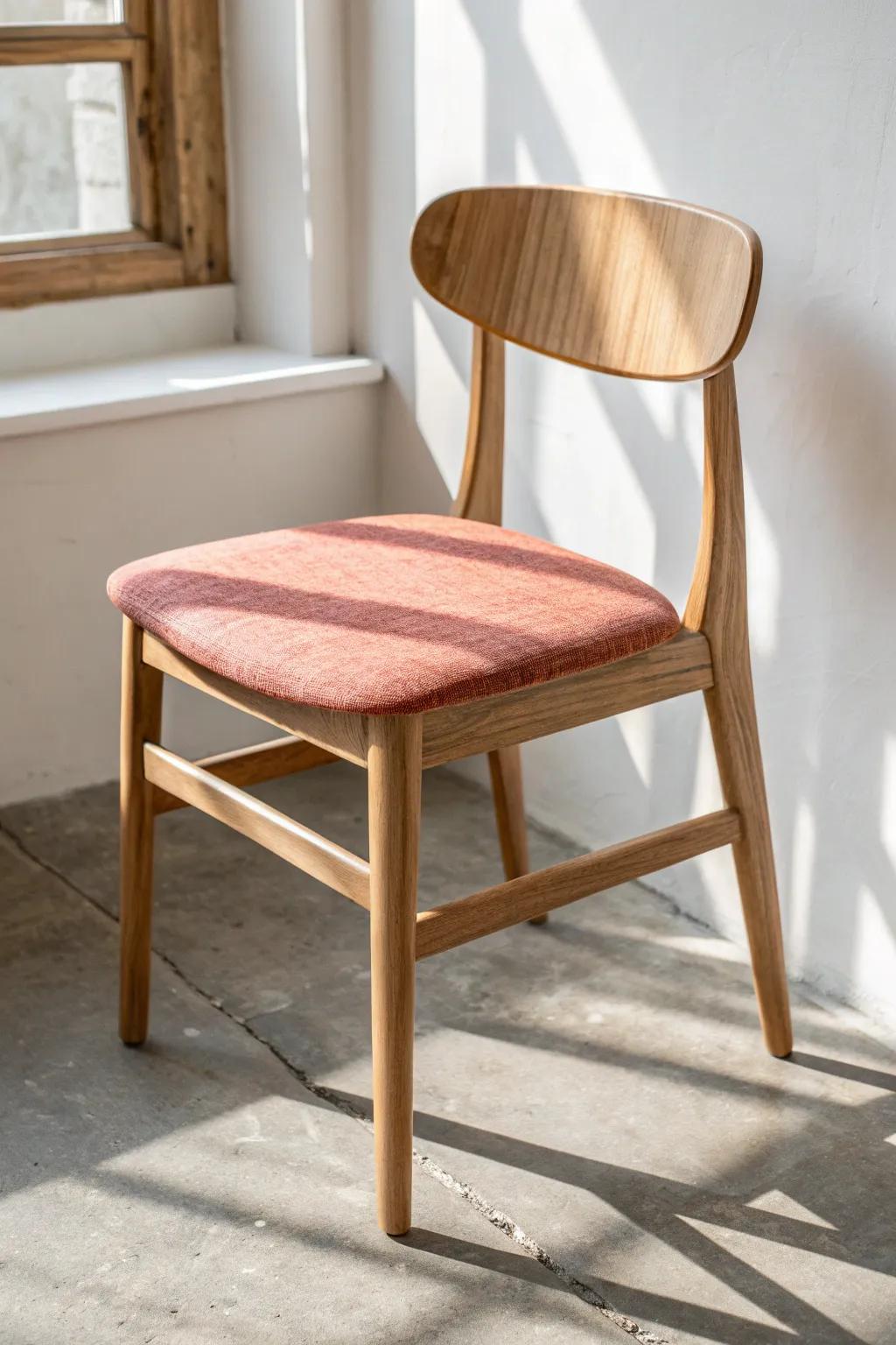Terracotta linen upholstery on a slim oak frame—instant warmth and comfort at a wood table.