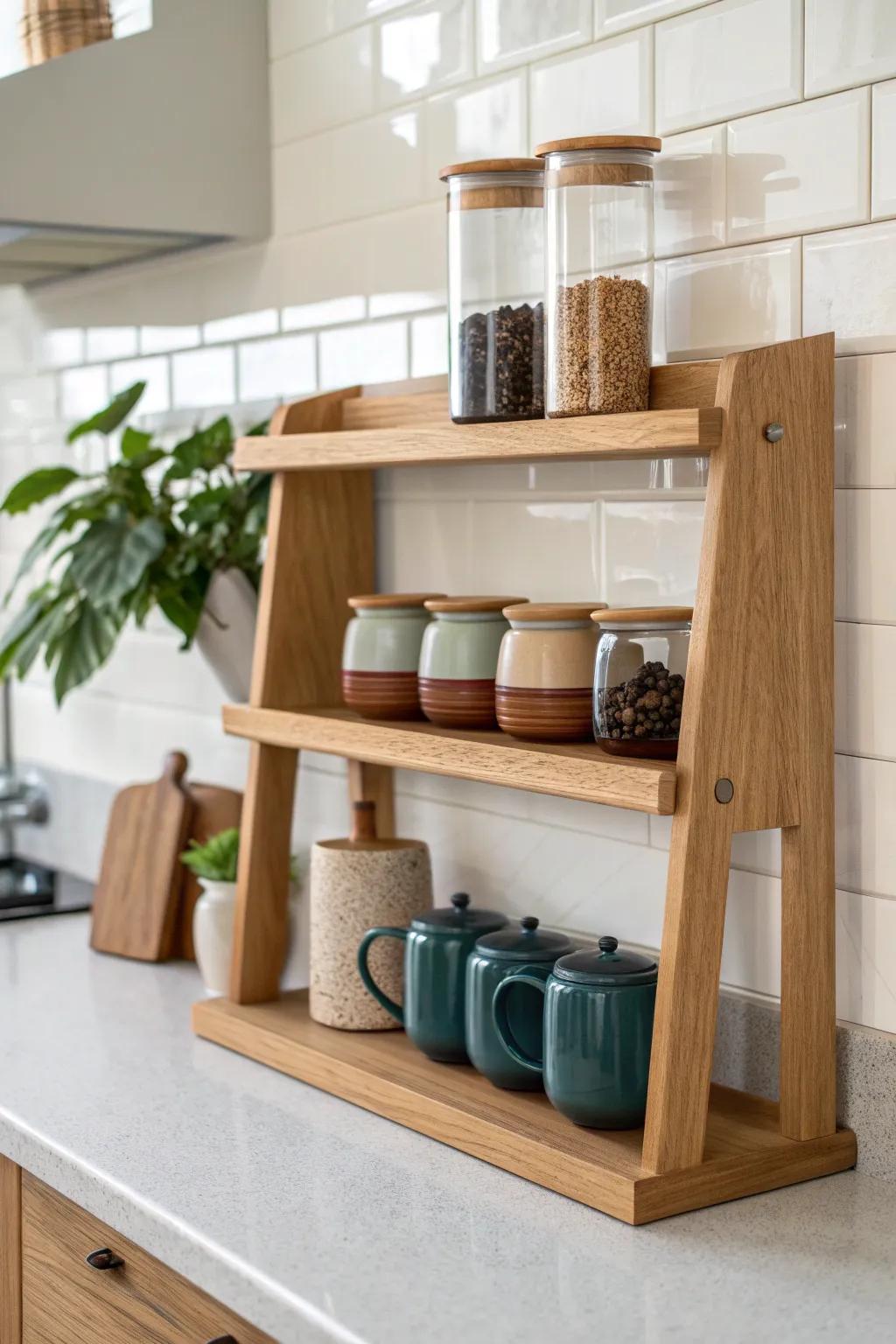 A calm, crafted coffee station shelf—mugs below, beans above, and instant counter clarity.
