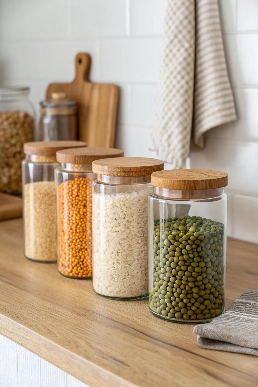 Clear glass jars with matching lids—colorful staples become calm, crafted counter decor.