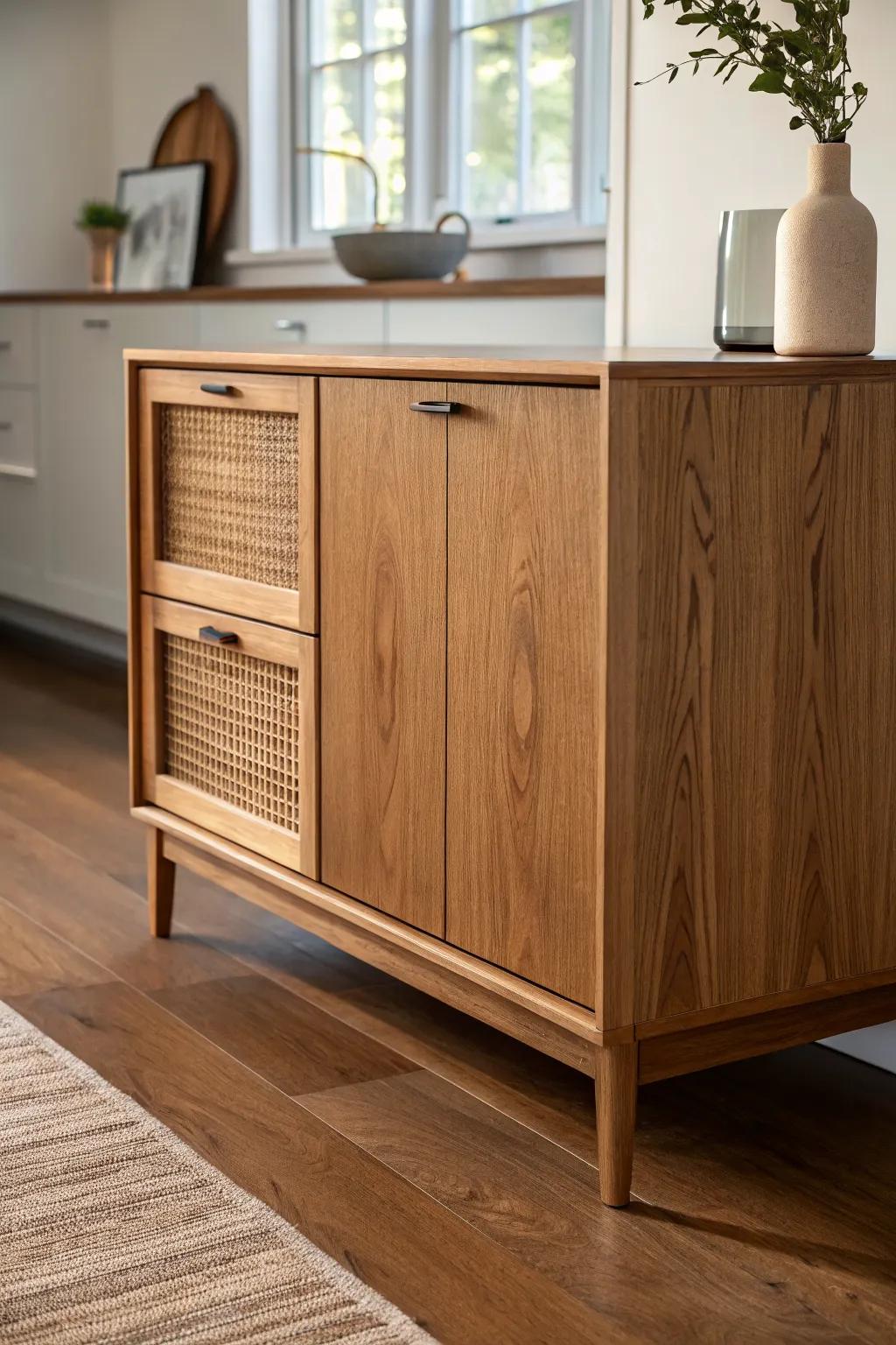 Light oak cabinets meet warm brown floors for a calm, timeless farmhouse-transitional look.
