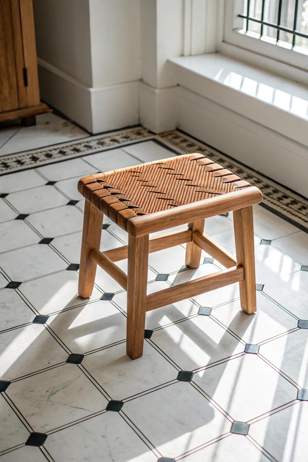 Budget-chic kitchen floor: classic ceramic tile grid with warm handcrafted wood contrast.