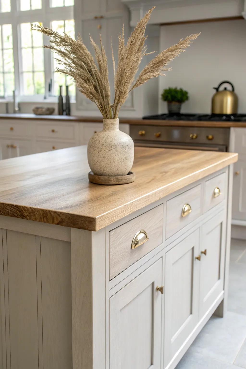 Warm greige island: soft, elevated, and quietly bold against creamy Scandinavian cabinetry.