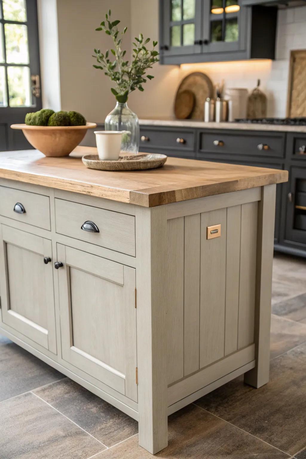 A greige island brings cozy clarity—perfect contrast against dark cabinets in a modern farmhouse look.