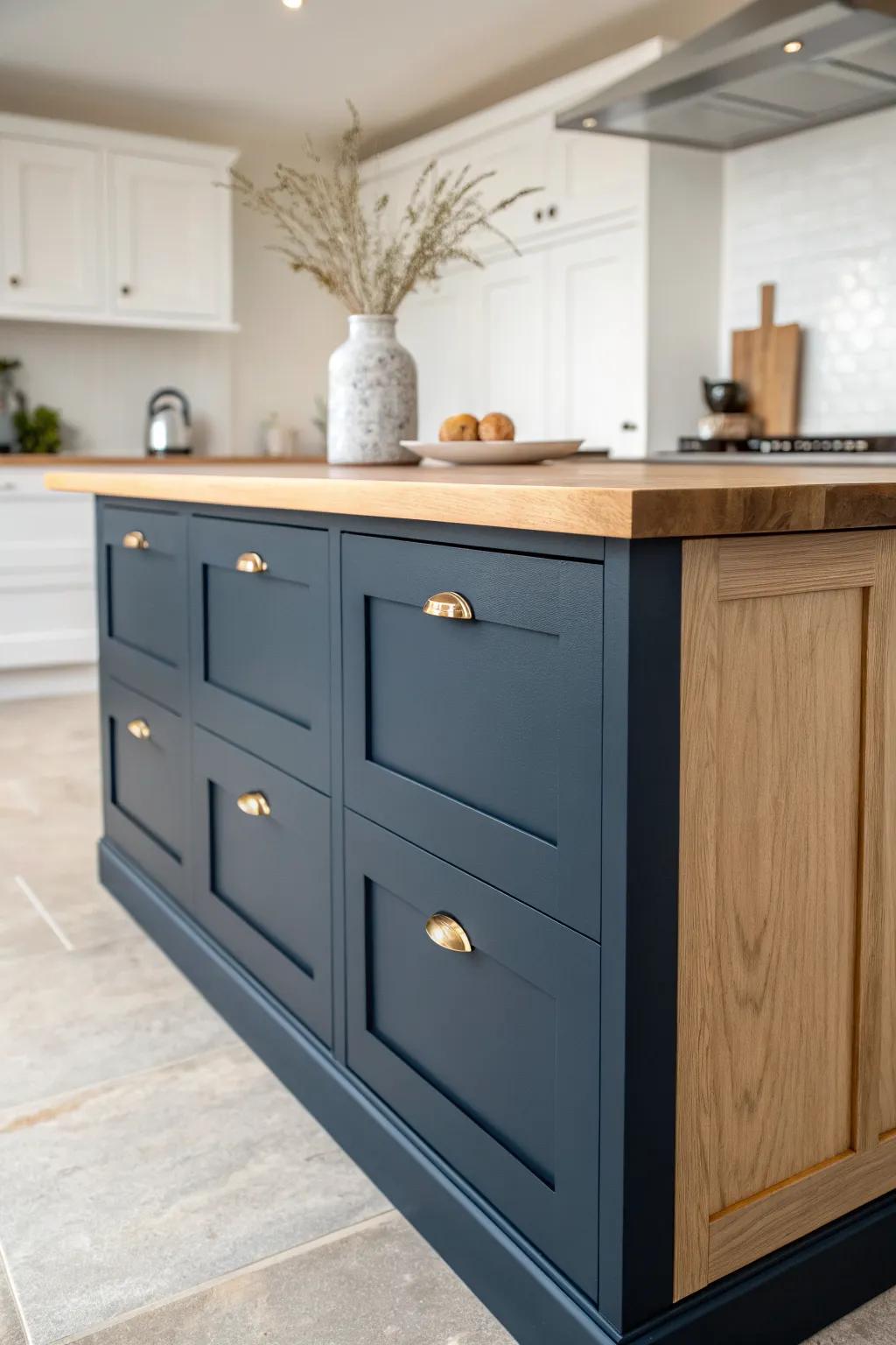 A bold contrasting paint color makes the island front feel like a standout furniture piece.