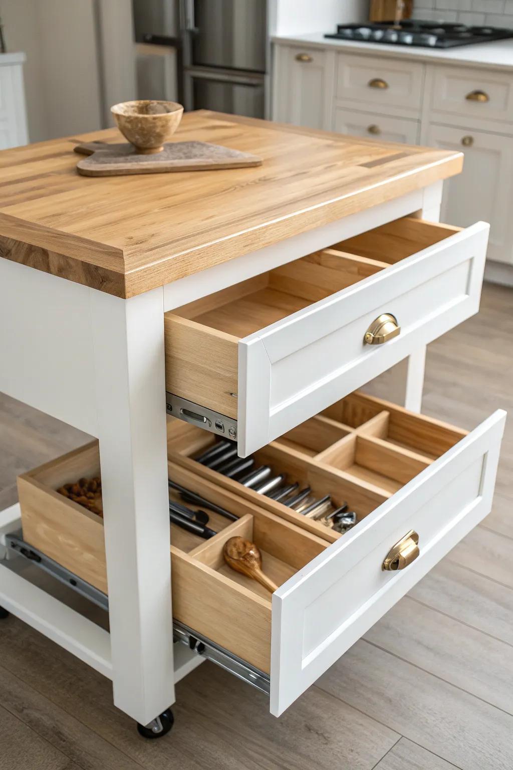 Drawer-forward rolling island: deep storage, full-extension slides, and a warm oak prep top.