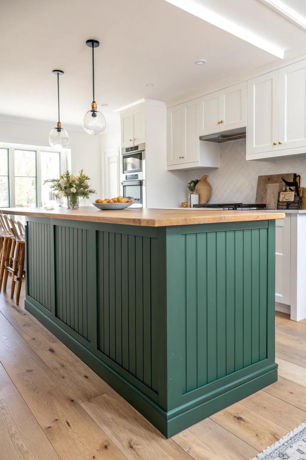 Budget board-and-batten island wrap: custom millwork look with bold color and warm oak.