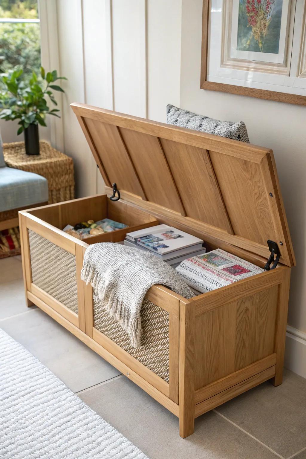 Lift-up storage bench for a breakfast nook—clean lines, soft-close lids, hidden space inside.
