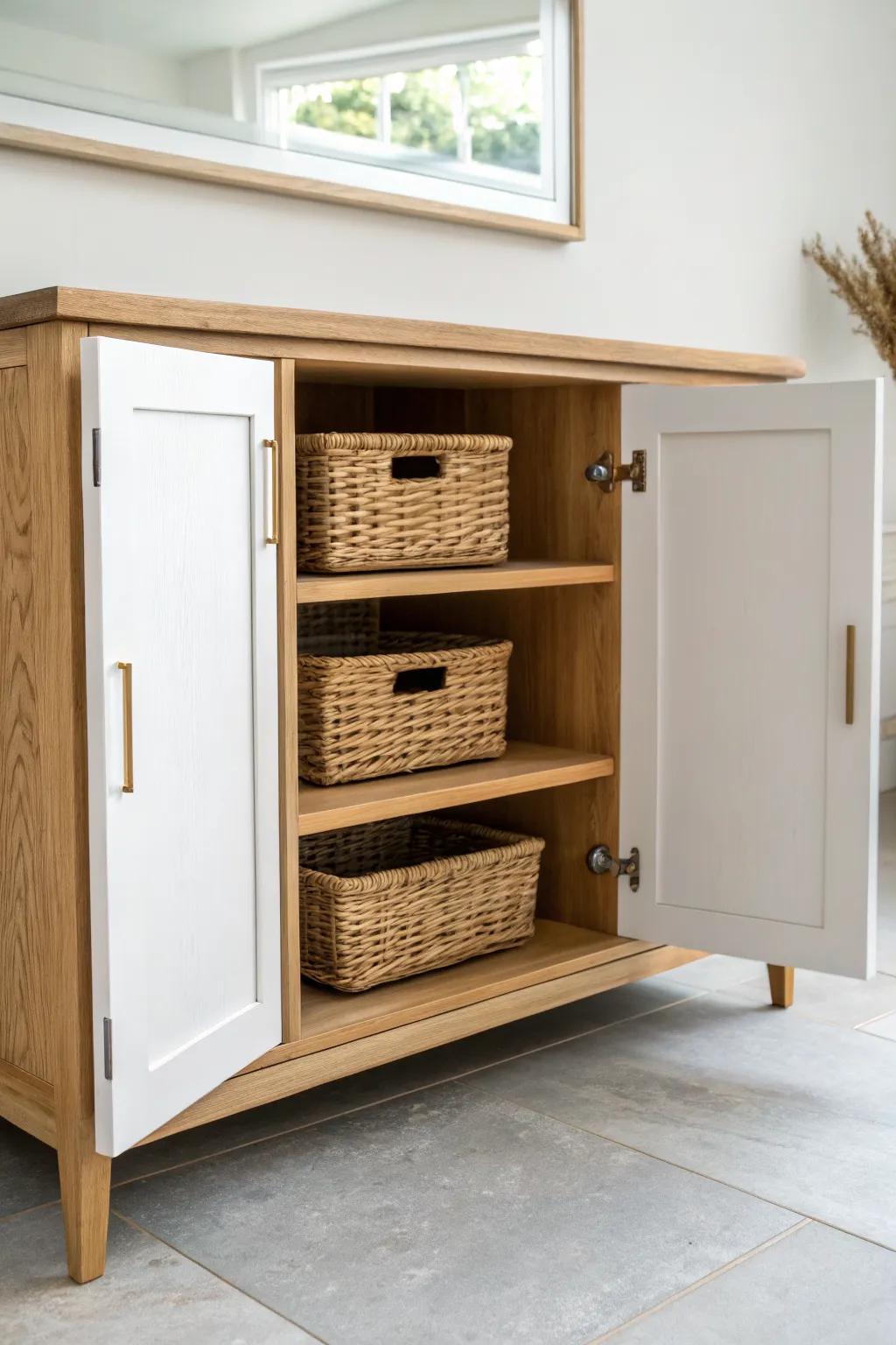 Open middle shelves with woven baskets keep your kitchen sideboard tidy and effortlessly stylish.