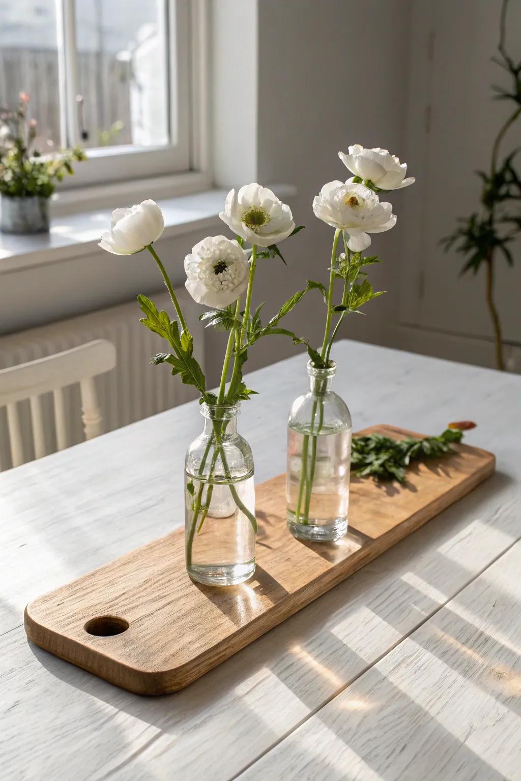 Three bud vases on a slim wood board—simple, balanced, and perfect for long tables.