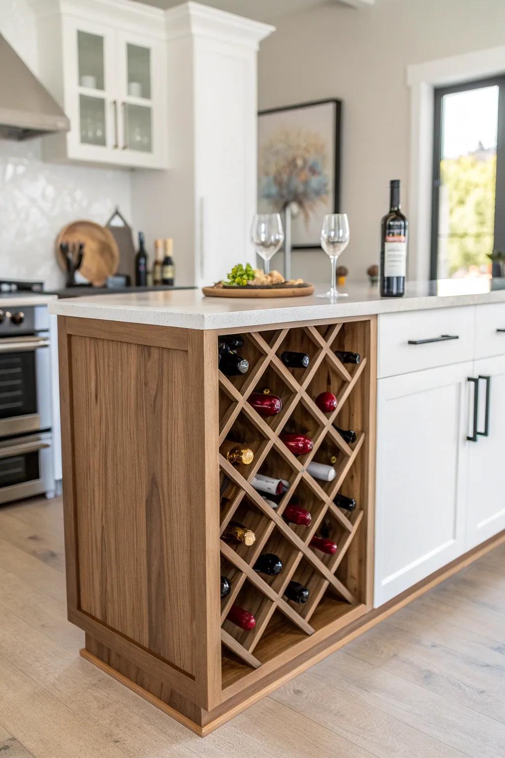 A crowd‑magnet island back: bottle cubbies + stemware rack + sleek serving ledge, clutter‑free.