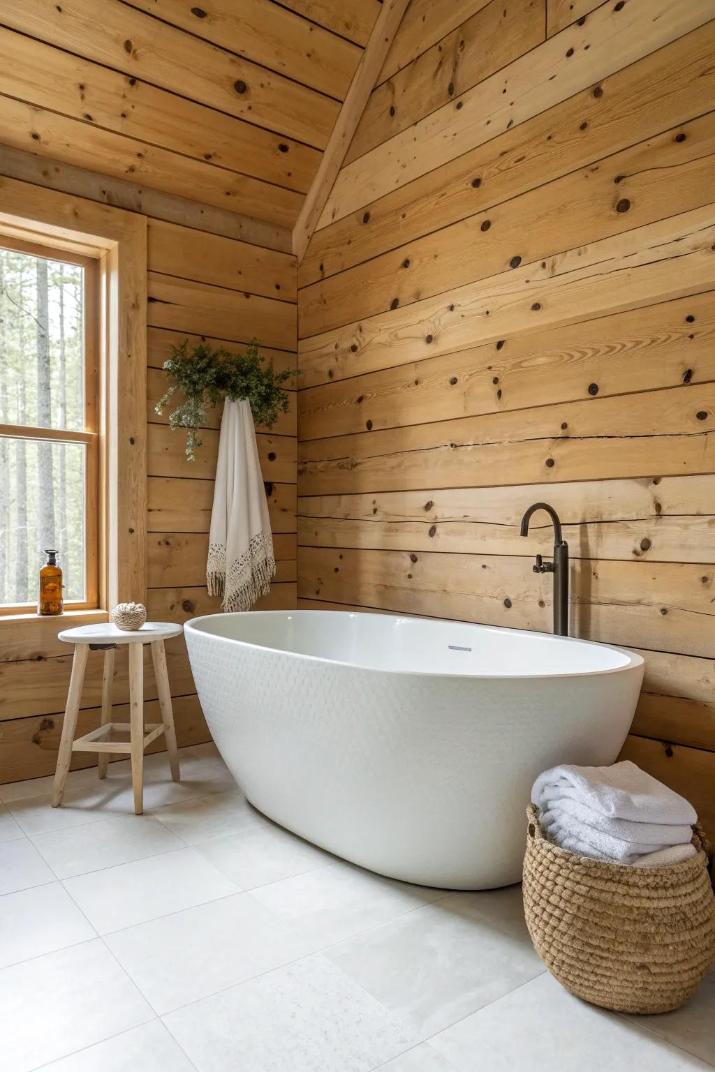 Matte-white tub and crisp linens brighten knotty pine walls for an airy, balanced bath.