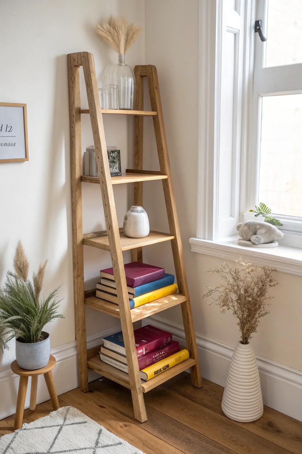 A space-saving corner ladder shelf that turns K-pop albums into bold, cozy bedroom decor.