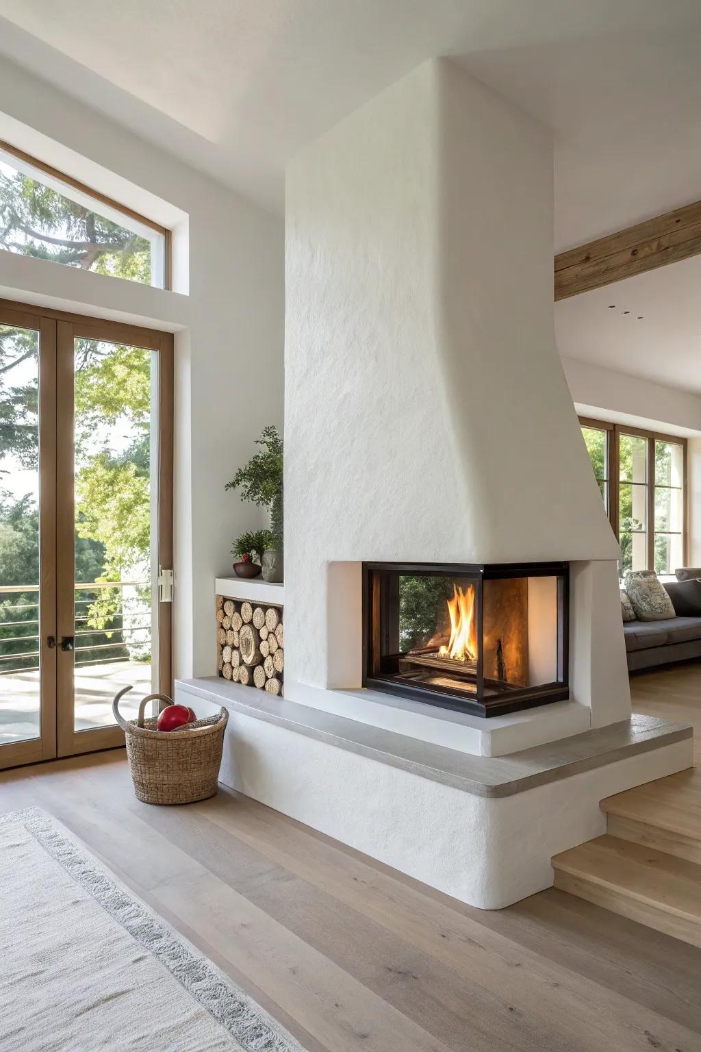 Sleek L-shaped plaster fireplace—smooth, seamless lines with a bold terracotta glow.